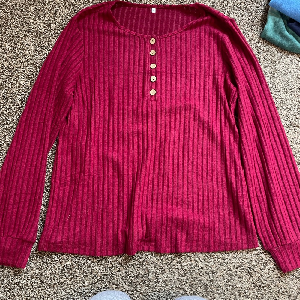 Women's Ribbed Button-Down Top - Red